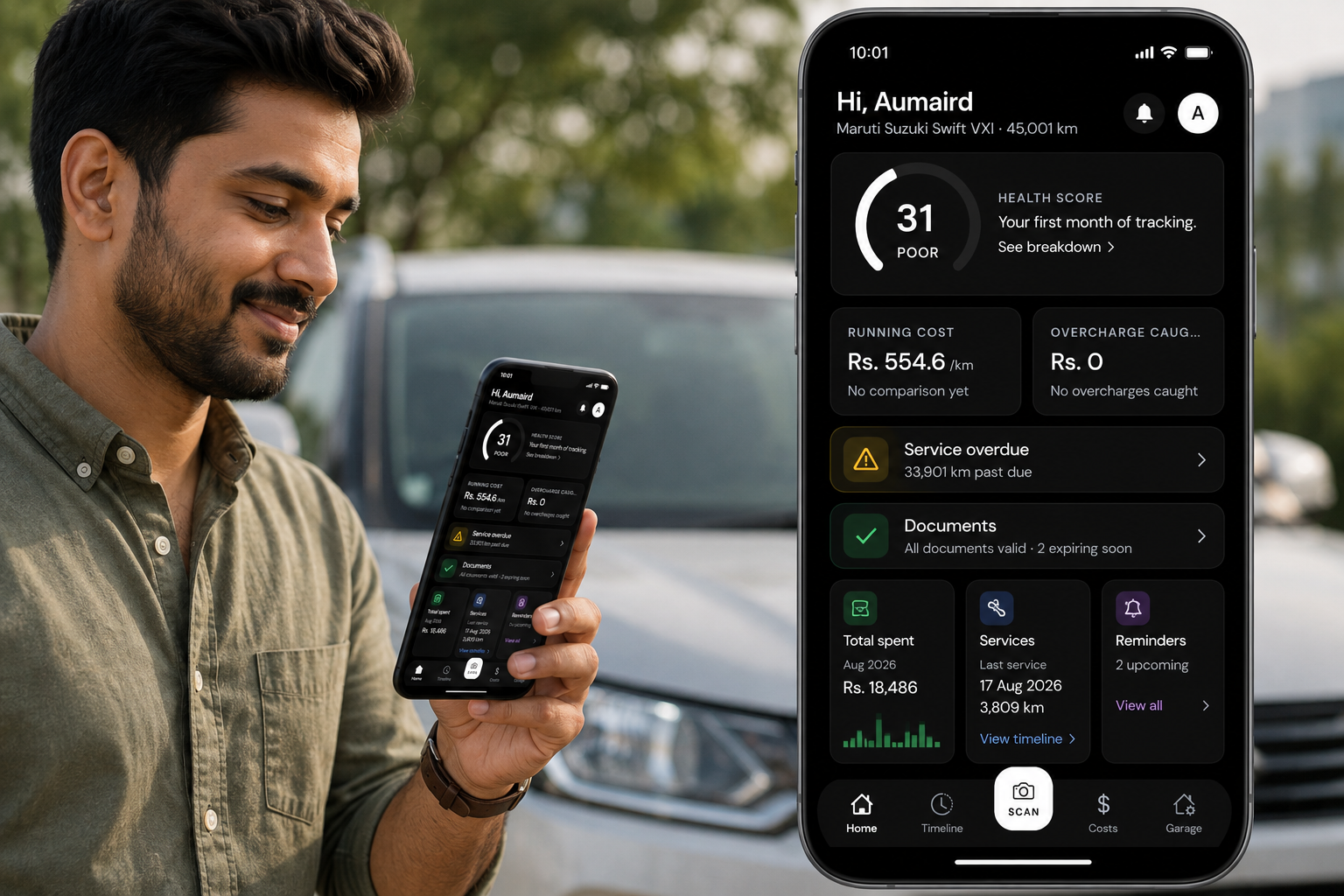 A driver reviewing his car’s health, running costs, service status, documents, and reminders on the Odo vehicle management app while standing beside his car.